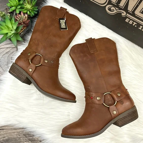 NIB Dingo Dan Post Madre Western Boots Harness Studs Cognac Leather - Picture 1 of 14